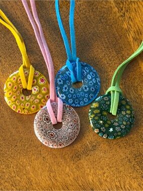 Set of 4 Millefiori Glass Pendants Yellow, Blue, Pink and Green Brand New